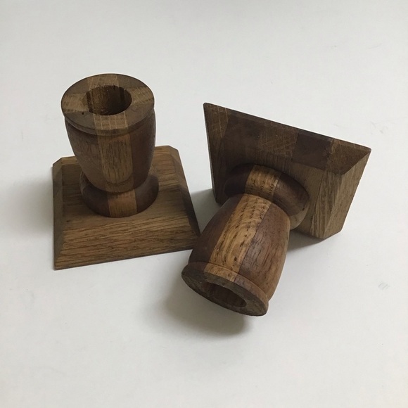 Vintage Folk Art Rustic Pair Small Solid Wood Candlestick Holders 3” Primitive - Picture 4 of 16